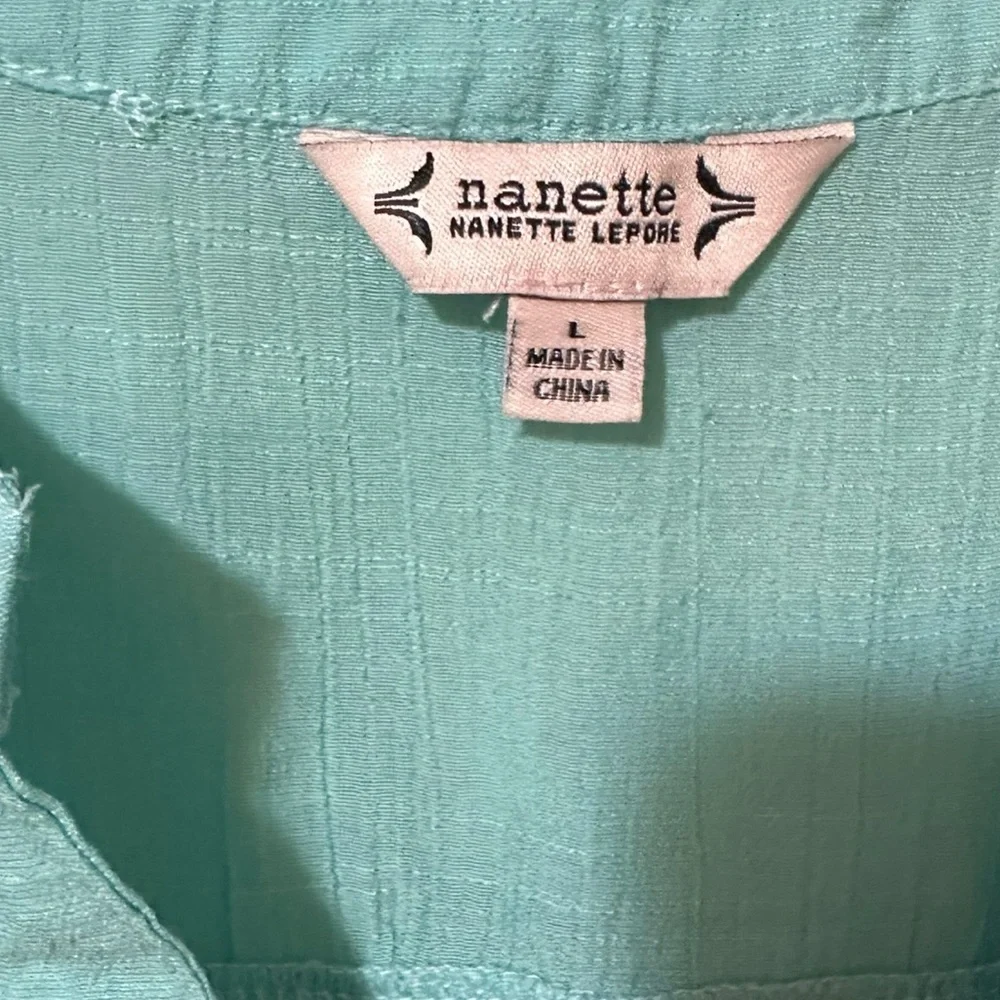 NANETTE LEPORE aqua button front loose fit eyelet puffy short sleeve top sz L - Picture 5 of 6